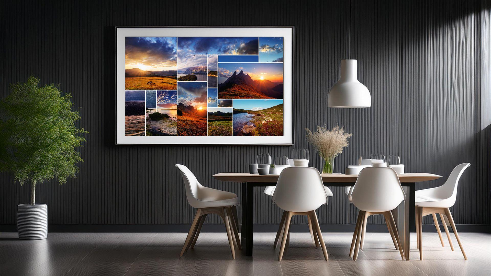 Bildcollage in einem weissem Rahmen in einem modernen Esszimmer